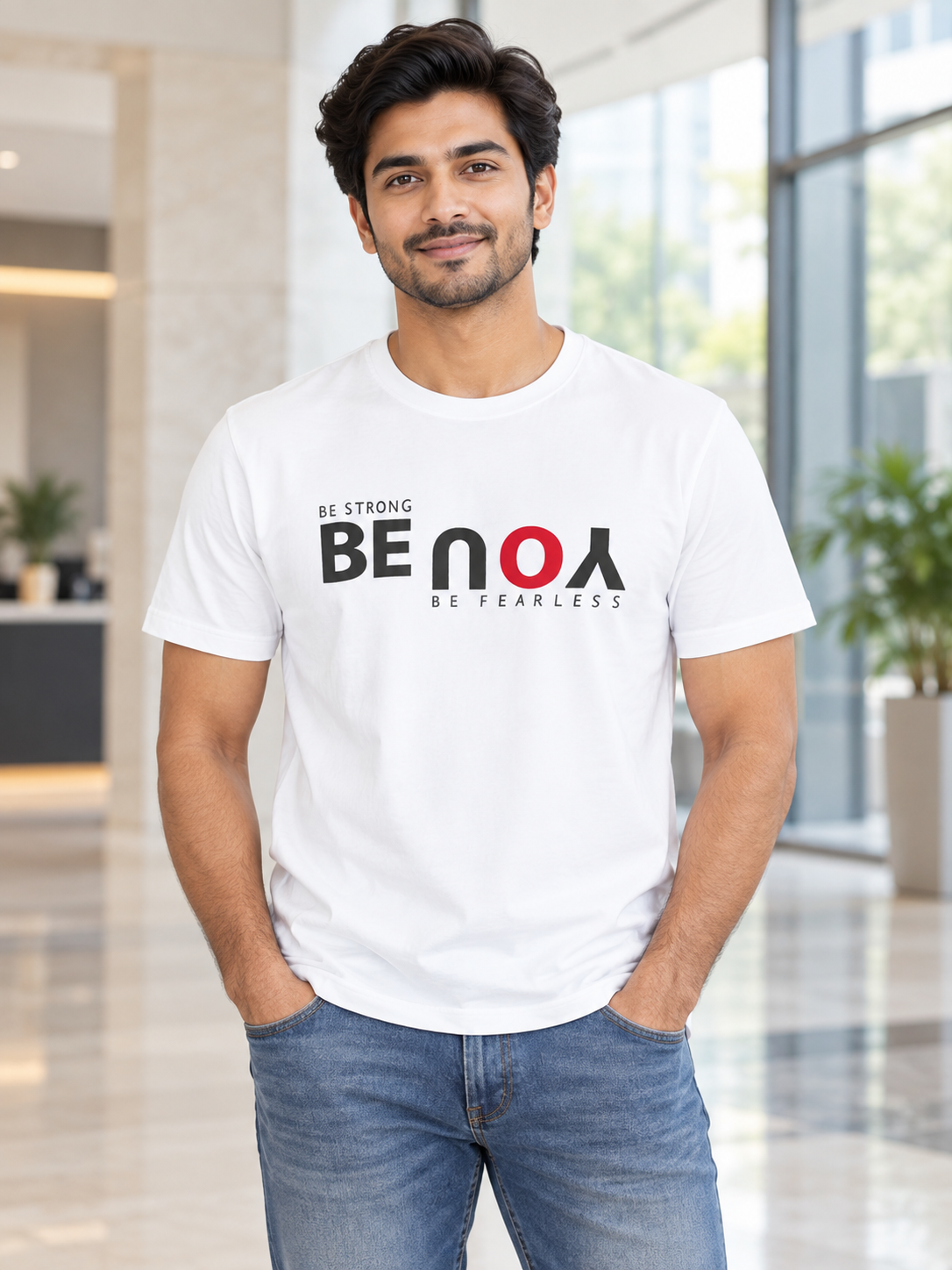 Male model wearing Be You white regular-fit printed T-shirt in a modern office setting