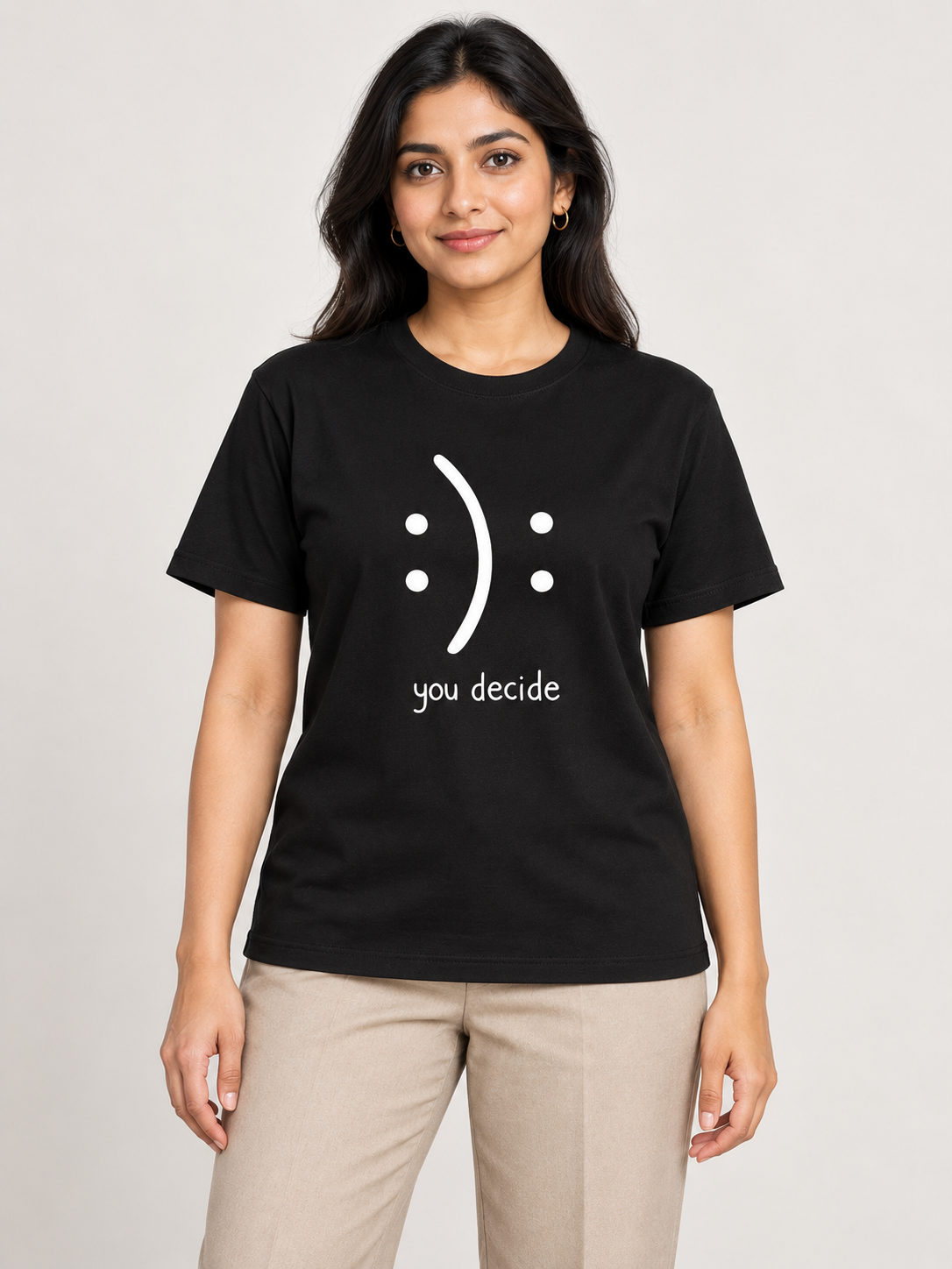 Female model wearing You Decide black regular-fit printed T-shirt for office-casual wear