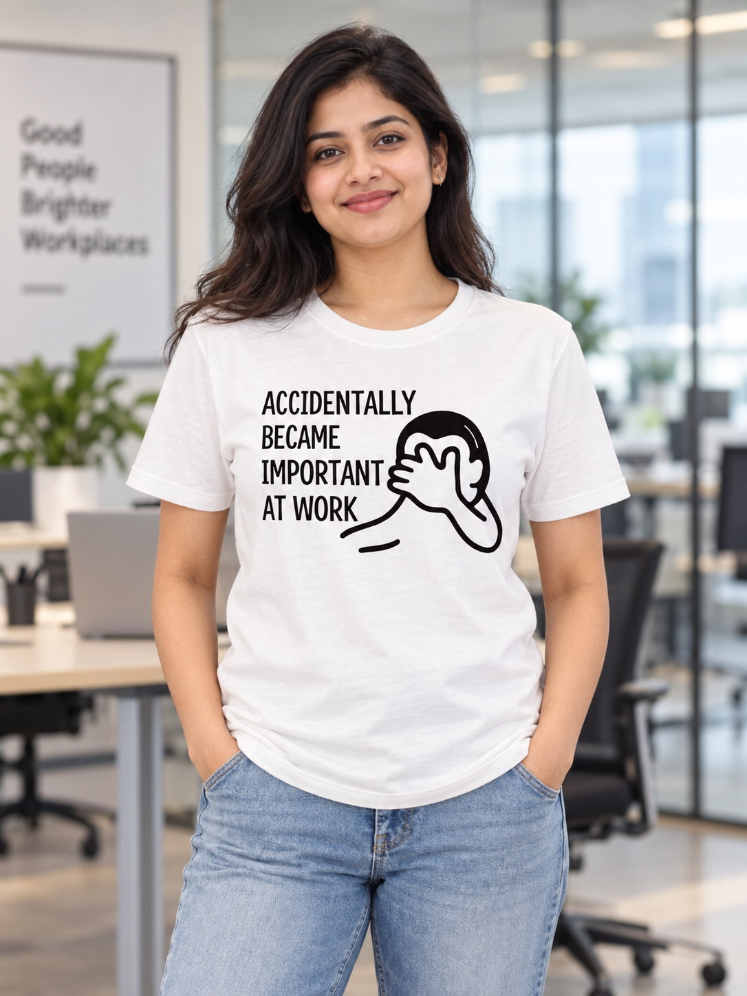 Female model wearing Accidentally Important at Work white regular-fit printed T-shirt