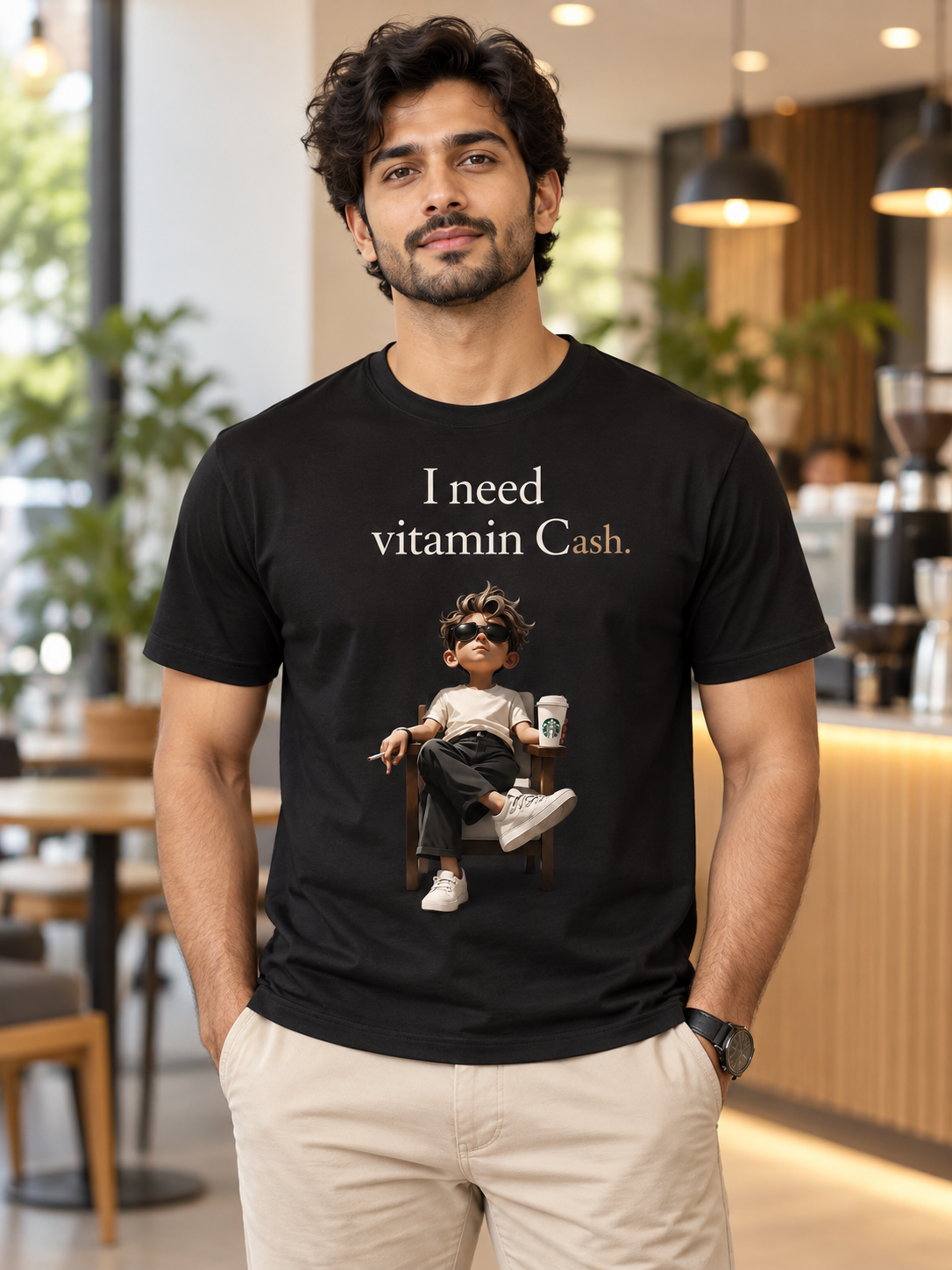 Male model wearing Vitamin Cash black regular-fit printed T-shirt for weekend office style