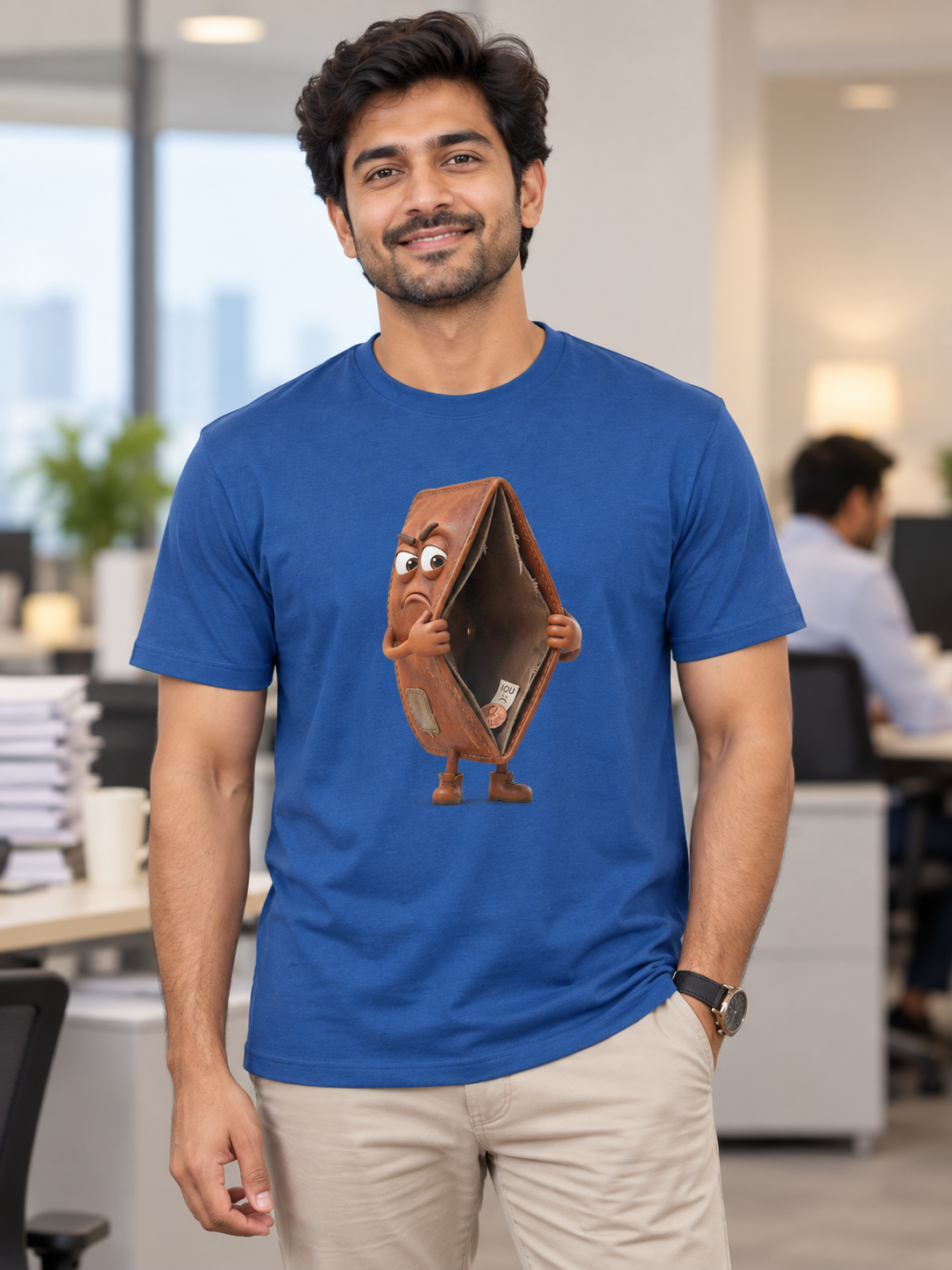 Male model wearing Month-End Mood blue regular-fit printed T-shirt in an office setting