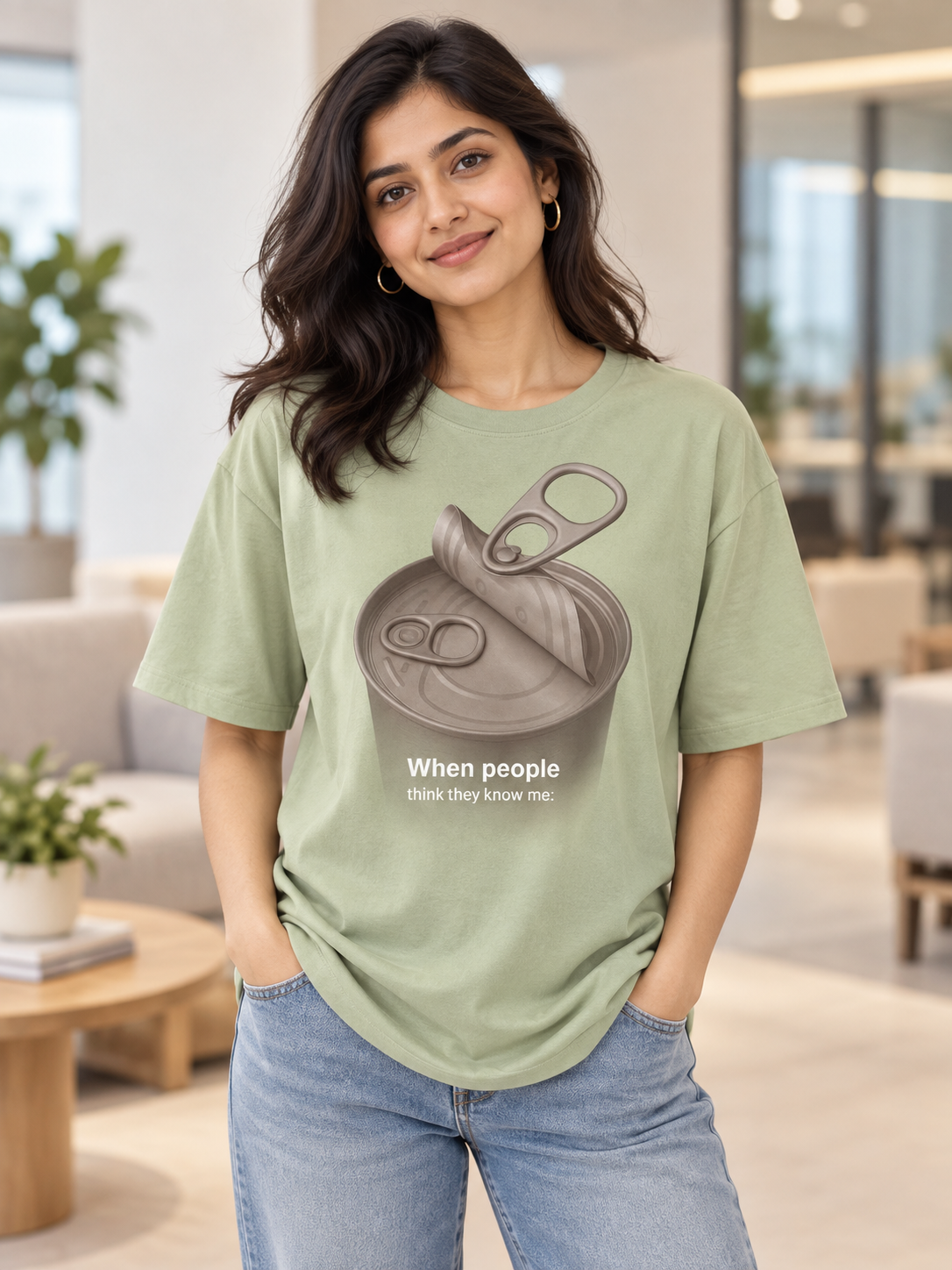 Female model wearing When People Think They Know Me pista oversized printed T-shirt