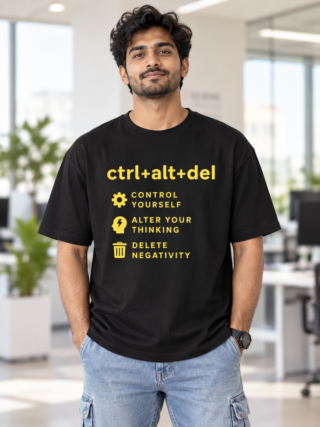 Male model wearing Ctrl Alt Del black oversized printed T-shirt in a technology office