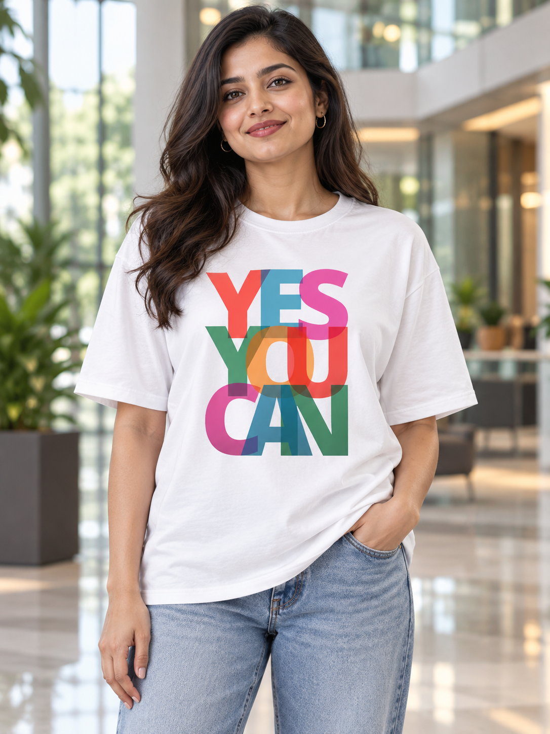Female model wearing Yes You Can white oversized printed T-shirt in a corporate atrium