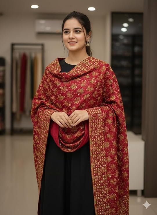 Phulkari Dupatta for Women, Maroon, 2.5 Meter, Embroidered, Traditional Indian dupatta, Rakshabandhan Gift