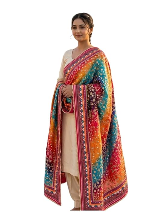 Amritsari Mirror Work Dupatta for Women, Multicolour, 2.25 Metre, Traditional Embroidered Phulkari Style