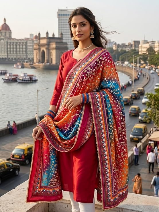 Amritsari Mirror Work Dupatta for Women, Multicolour, 2.25 Metre, Traditional Embroidered Phulkari Style