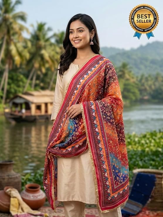 Amritsari Mirror Work Dupatta for Women, Multicolour, 2.25 Metre, Traditional Embroidered Phulkari Style