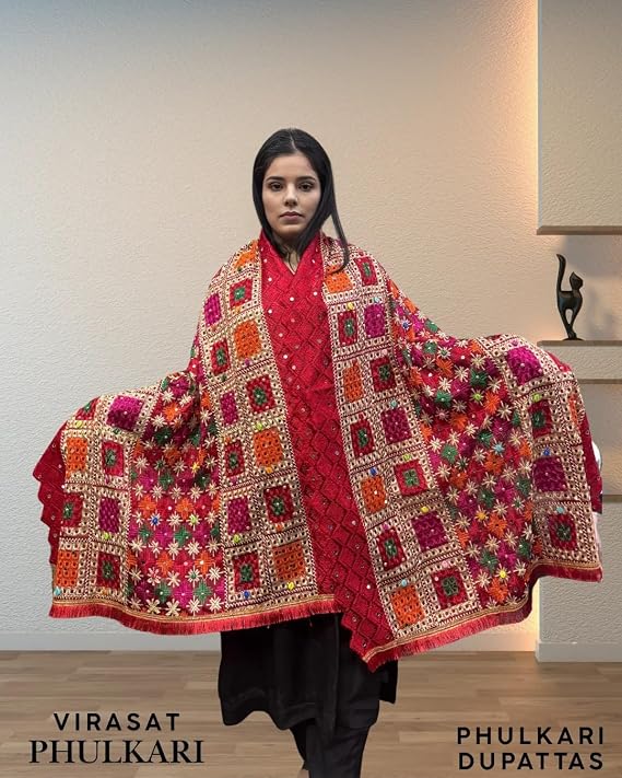 Embroidered Phulkari Dupatta | Traditional Punjabi Heavy Work Dupatta | Ethnic Wear for Women (Copy)