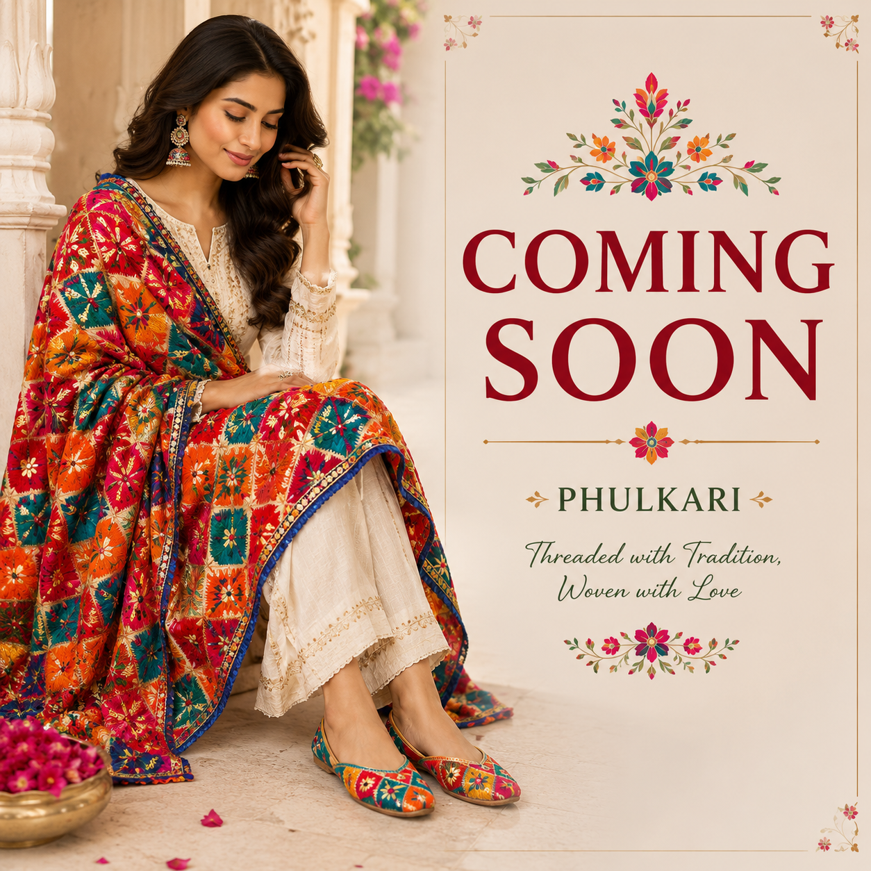 Amritsari Mirror Work Dupatta for Women, Multicolour, 2.25 Metre, Traditional Embroidered Phulkari Style
