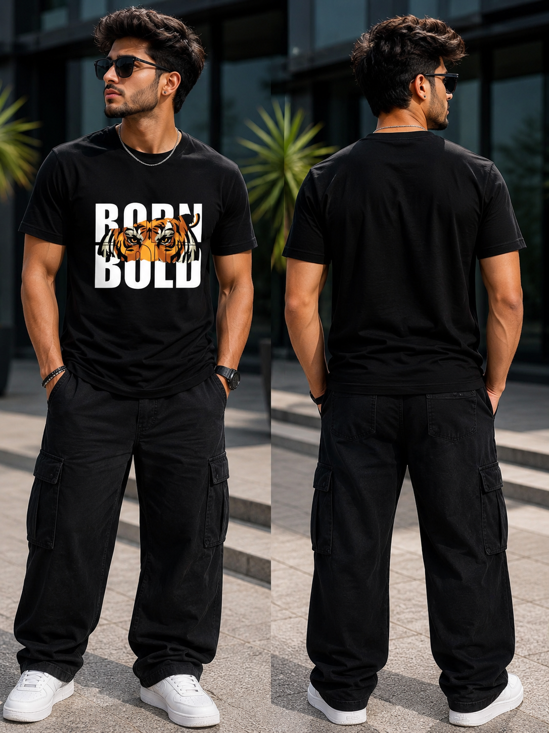 Born Bold Tiger Graphic T-Shirt for Men | Motivational Printed Black Tee | Explore Punjab