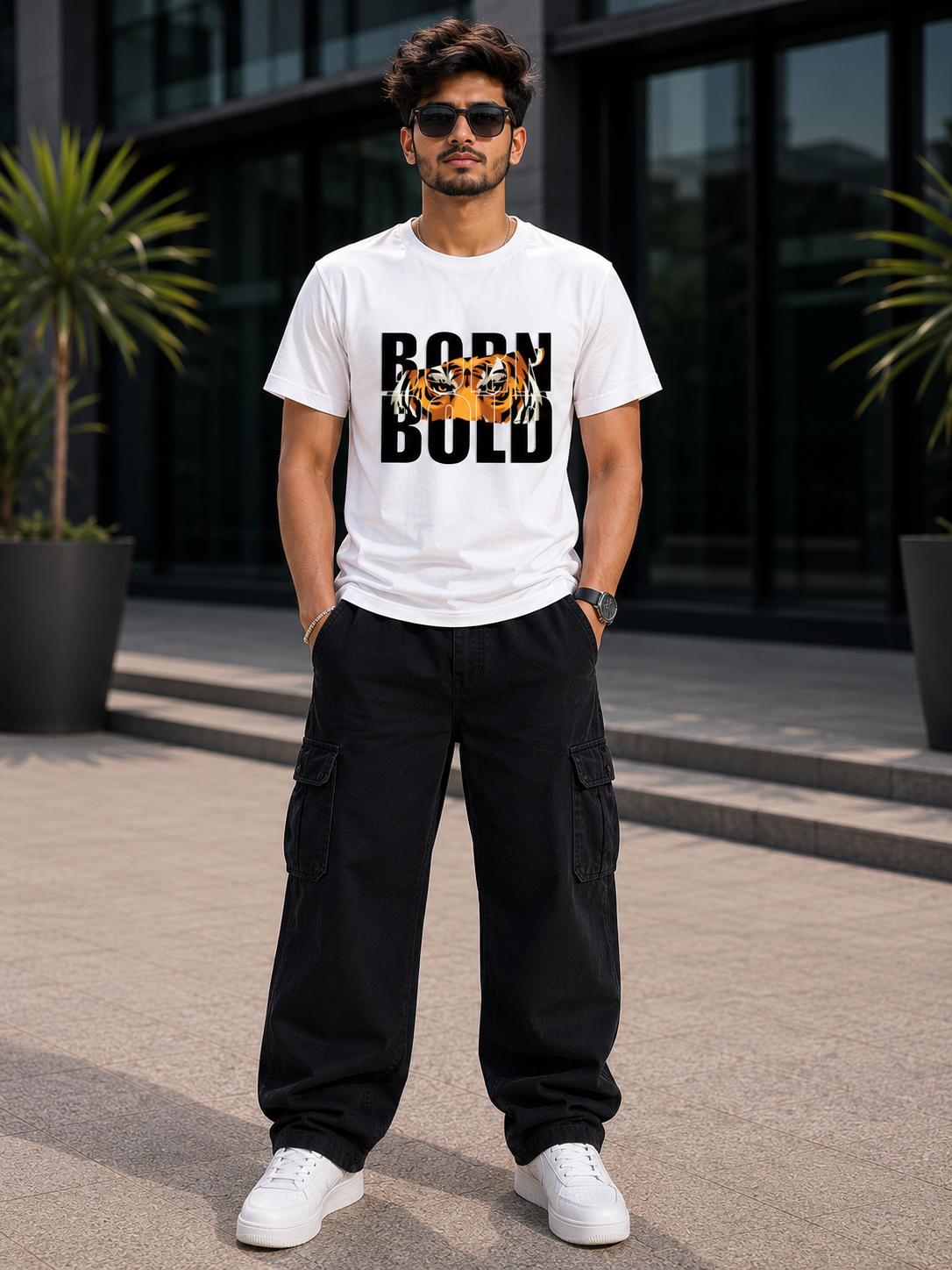 Born Bold Tiger Graphic T-Shirt for Men | Motivational Printed Black Tee | Explore Punjab