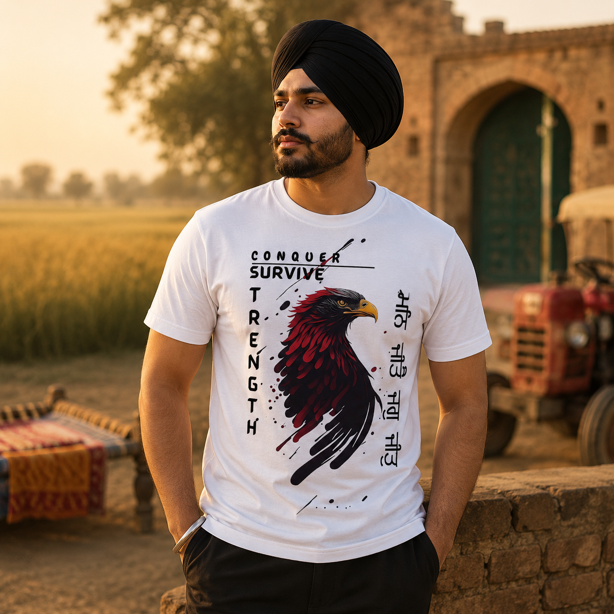 Conquer Survive Strength Eagle Graphic Printed Premium Cotton T-Shirt for Men