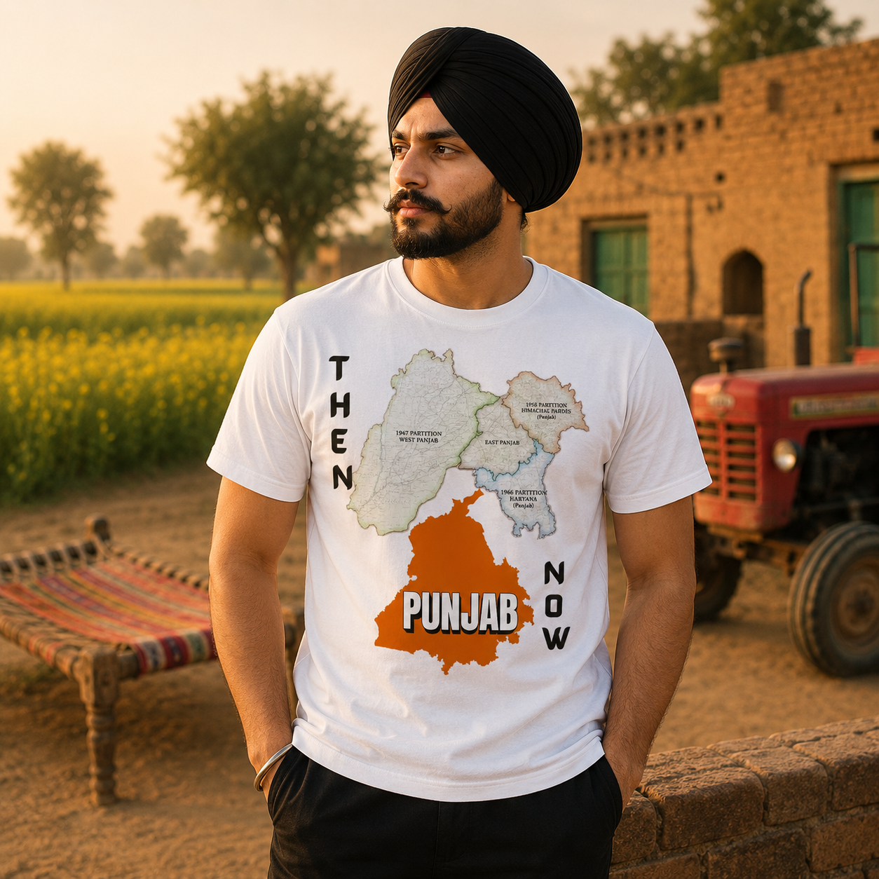 Punjab Then & Now Map Graphic Printed Cotton T-Shirt (55)