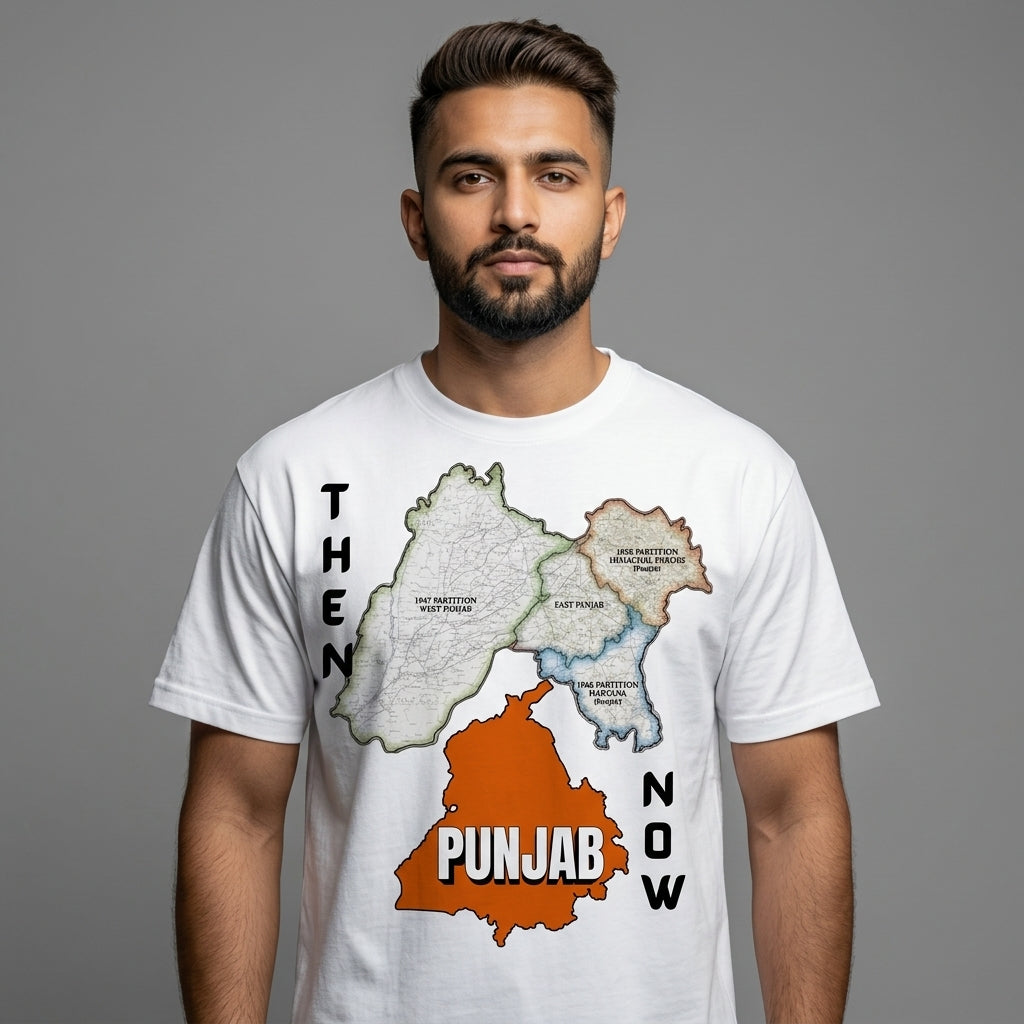 Punjab Then & Now Map Graphic Printed Cotton T-Shirt (55)