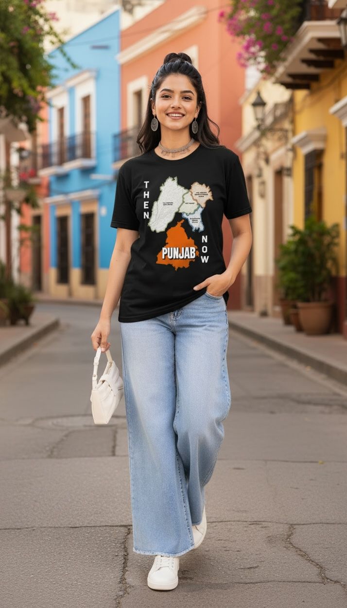 Punjab Then & Now Map Graphic Printed Cotton T-Shirt (55)